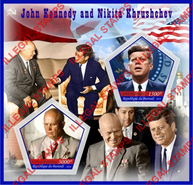 Burundi 2018 John F. Kennedy and Nikita Khrushchev Counterfeit Illegal Stamp Souvenir Sheet of 2 Burundi 2018 John F. Kennedy and Nikita Khrushchev Counterfeit Illegal Stamp Souvenir Sheet of 2