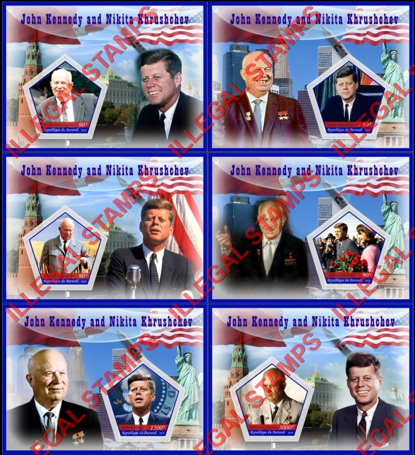 Burundi 2018 John F. Kennedy and Nikita Khrushchev Counterfeit Illegal Stamp Souvenir Sheets of 1 Burundi 2018 John F. Kennedy and Nikita Khrushchev Counterfeit Illegal Stamp Souvenir Sheets of 1