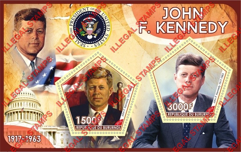 Burundi 2018 John F. Kennedy (different) Counterfeit Illegal Stamp Souvenir Sheet of 2 Burundi 2018 John F. Kennedy (different) Counterfeit Illegal Stamp Souvenir Sheet of 2