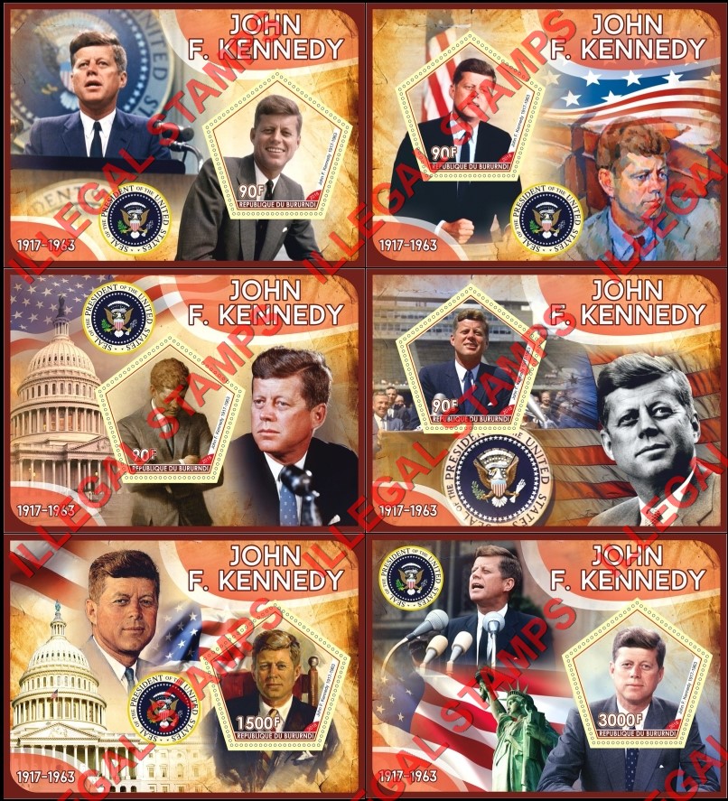 Burundi 2018 John F. Kennedy (different) Counterfeit Illegal Stamp Souvenir Sheets of 1 Burundi 2018 John F. Kennedy (different) Counterfeit Illegal Stamp Souvenir Sheets of 1