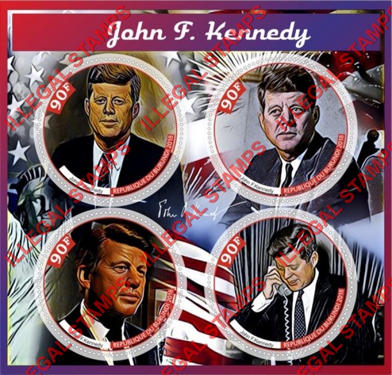 Burundi 2018 John F. Kennedy Counterfeit Illegal Stamp Souvenir Sheet of 4 Burundi 2018 John F. Kennedy Counterfeit Illegal Stamp Souvenir Sheet of 4