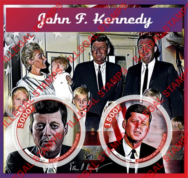 Burundi 2018 John F. Kennedy Counterfeit Illegal Stamp Souvenir Sheet of 2 Burundi 2018 John F. Kennedy Counterfeit Illegal Stamp Souvenir Sheet of 2