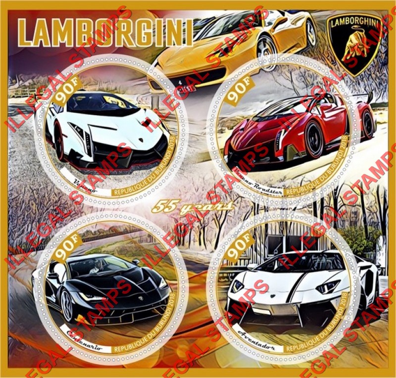Burundi 2018 Lamborghini Counterfeit Illegal Stamp Souvenir Sheet of 4 Burundi 2018 Lamborghini Counterfeit Illegal Stamp Souvenir Sheet of 4