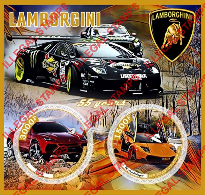 Burundi 2018 Lamborghini Counterfeit Illegal Stamp Souvenir Sheet of 2 Burundi 2018 Lamborghini Counterfeit Illegal Stamp Souvenir Sheet of 2