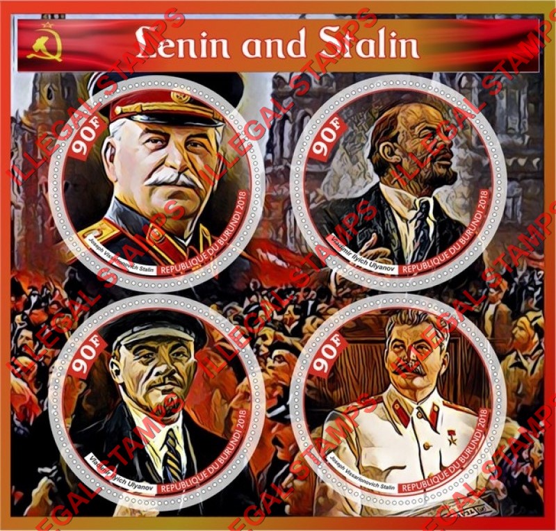 Burundi 2018 Lenin and Stalin Counterfeit Illegal Stamp Souvenir Sheet of 4 Burundi 2018 Lenin and Stalin Counterfeit Illegal Stamp Souvenir Sheet of 4