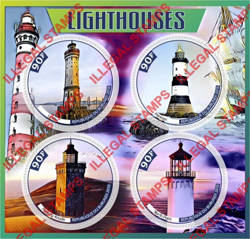 Burundi 2018 Lighthouses (different) Counterfeit Illegal Stamp Souvenir Sheet of 4 Burundi 2018 Lighthouses (different) Counterfeit Illegal Stamp Souvenir Sheet of 4