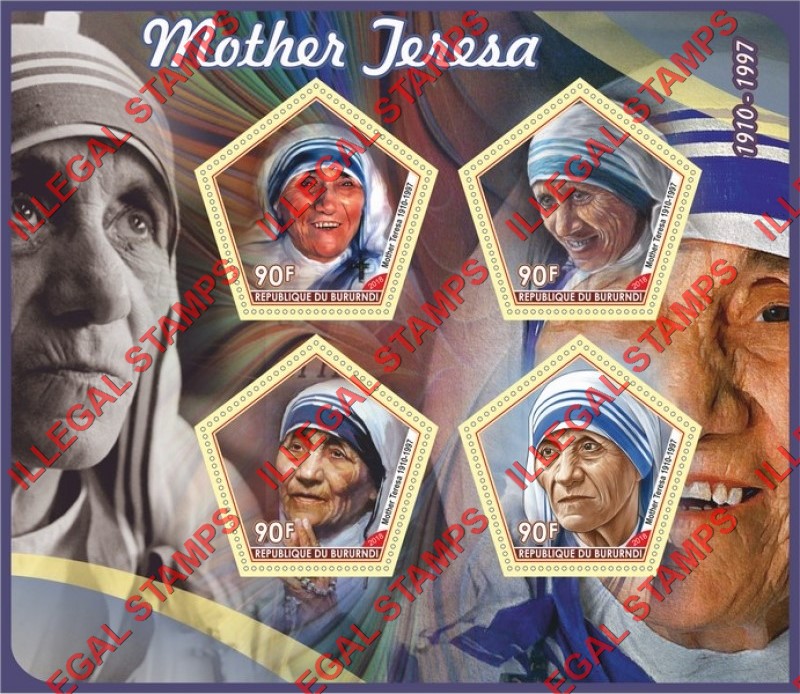 Burundi 2018 Mother Teresa Counterfeit Illegal Stamp Souvenir Sheet of 4 Burundi 2018 Mother Teresa Counterfeit Illegal Stamp Souvenir Sheet of 4