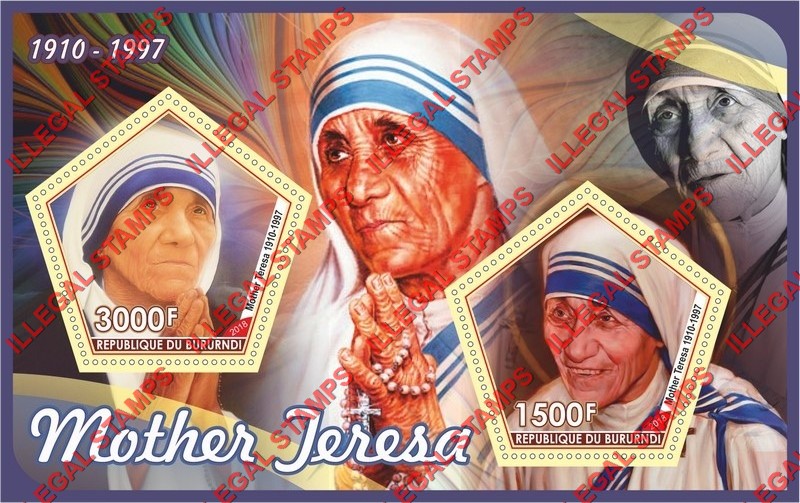 Burundi 2018 Mother Teresa Counterfeit Illegal Stamp Souvenir Sheet of 2 Burundi 2018 Mother Teresa Counterfeit Illegal Stamp Souvenir Sheet of 2