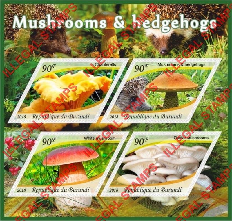 Burundi 2018 Mushrooms and Hedgehogs Counterfeit Illegal Stamp Souvenir Sheet of 4 Burundi 2018 Mushrooms and Hedgehogs Counterfeit Illegal Stamp Souvenir Sheet of 4