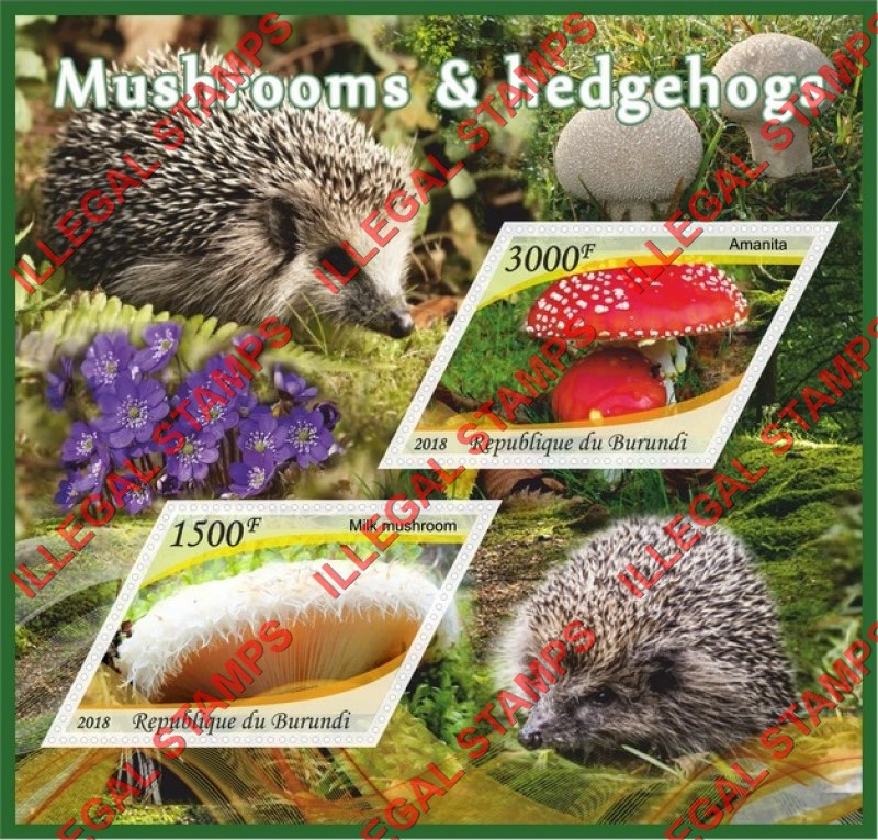 Burundi 2018 Mushrooms and Hedgehogs Counterfeit Illegal Stamp Souvenir Sheet of 2 Burundi 2018 Mushrooms and Hedgehogs Counterfeit Illegal Stamp Souvenir Sheet of 2