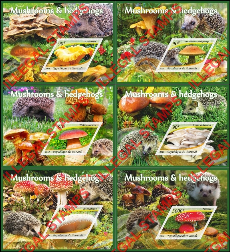 Burundi 2018 Mushrooms and Hedgehogs Counterfeit Illegal Stamp Souvenir Sheets of 1 Burundi 2018 Mushrooms and Hedgehogs Counterfeit Illegal Stamp Souvenir Sheets of 1