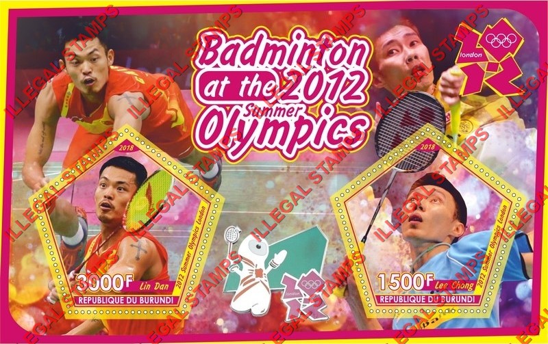 Burundi 2018 Olympic Games in London in 2012 Badminton Players Counterfeit Illegal Stamp Souvenir Sheet of 2 Burundi 2018 Olympic Games in London in 2012 Badminton Players Counterfeit Illegal Stamp Souvenir Sheet of 2