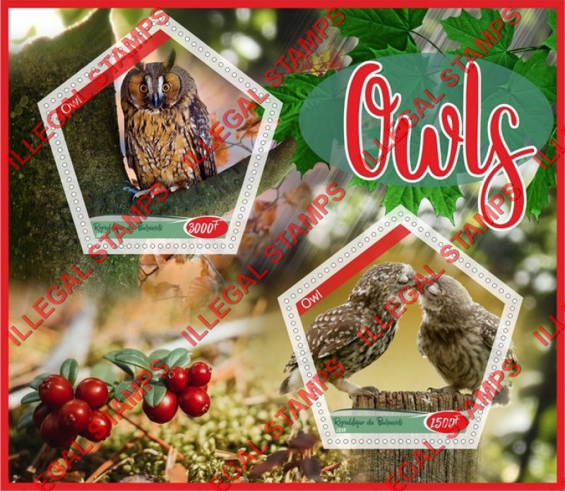 Burundi 2018 Owls Counterfeit Illegal Stamp Souvenir Sheet of 2 Burundi 2018 Owls Counterfeit Illegal Stamp Souvenir Sheet of 2