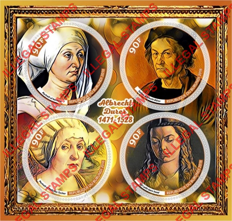 Burundi 2018 Paintings by Albrecht Durer Counterfeit Illegal Stamp Souvenir Sheet of 4 Burundi 2018 Paintings by Albrecht Durer Counterfeit Illegal Stamp Souvenir Sheet of 4