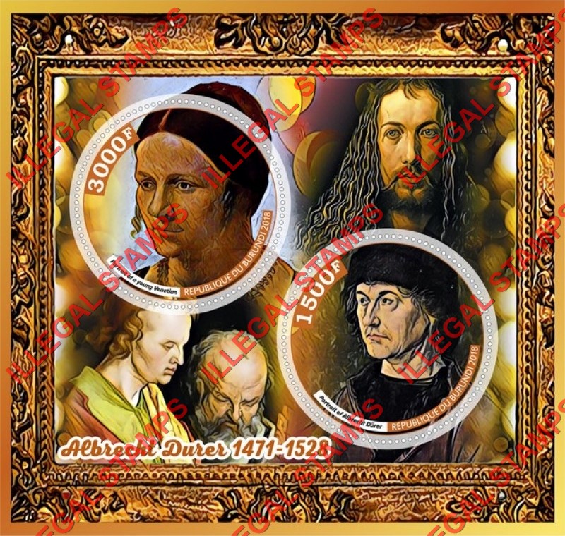 Burundi 2018 Paintings by Albrecht Durer Counterfeit Illegal Stamp Souvenir Sheet of 2 Burundi 2018 Paintings by Albrecht Durer Counterfeit Illegal Stamp Souvenir Sheet of 2