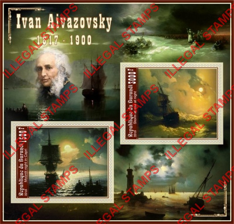 Burundi 2018 Paintings by Ivan Aivazovsky Counterfeit Illegal Stamp Souvenir Sheet of 2 Burundi 2018 Paintings by Ivan Aivazovsky Counterfeit Illegal Stamp Souvenir Sheet of 2