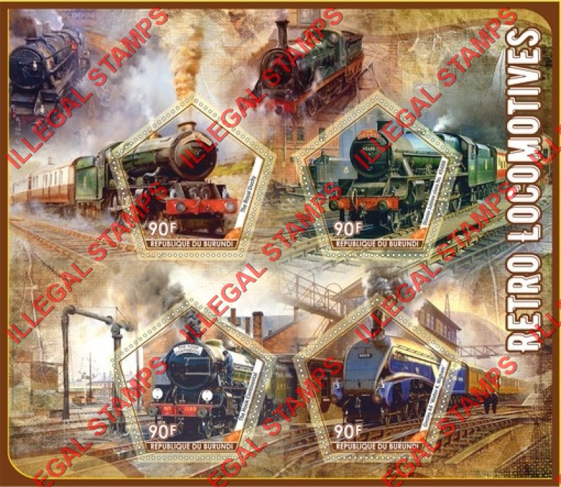 Burundi 2018 Retro Locomotives Counterfeit Illegal Stamp Souvenir Sheet of 4 Burundi 2018 Retro Locomotives Counterfeit Illegal Stamp Souvenir Sheet of 4