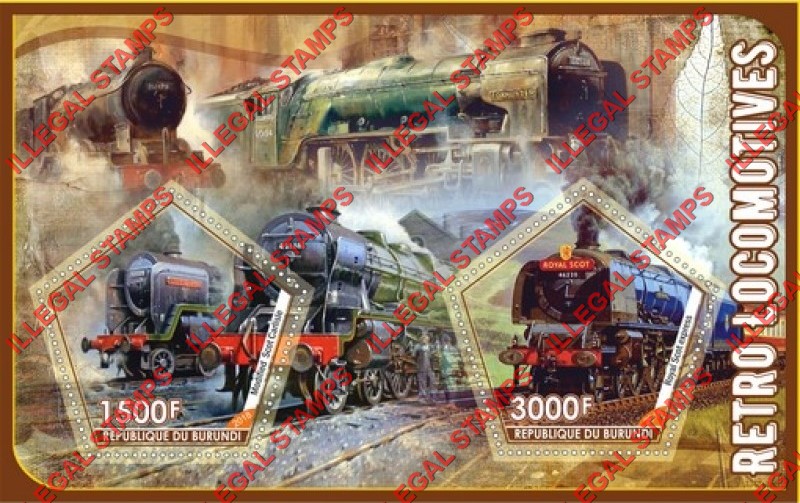 Burundi 2018 Retro Locomotives Counterfeit Illegal Stamp Souvenir Sheet of 2 Burundi 2018 Retro Locomotives Counterfeit Illegal Stamp Souvenir Sheet of 2