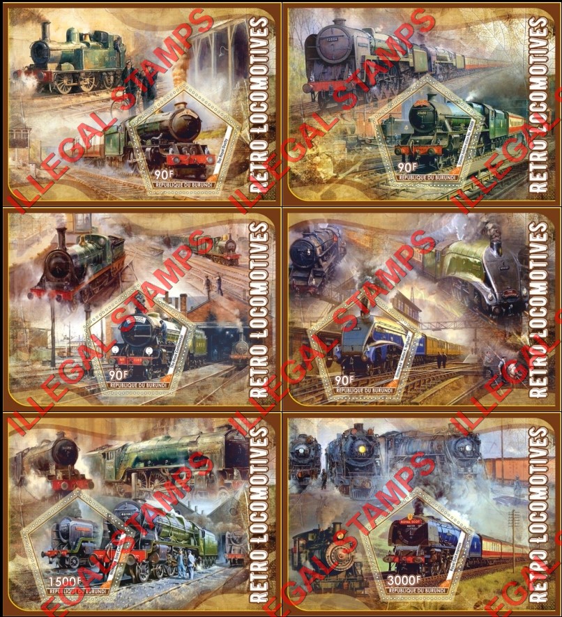 Burundi 2018 Retro Locomotives Counterfeit Illegal Stamp Souvenir Sheets of 1 Burundi 2018 Retro Locomotives Counterfeit Illegal Stamp Souvenir Sheets of 1