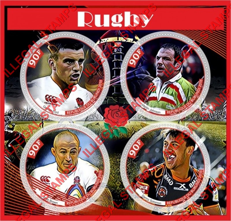 Burundi 2018 Rugby Players Counterfeit Illegal Stamp Souvenir Sheet of 4 Burundi 2018 Rugby Players Counterfeit Illegal Stamp Souvenir Sheet of 4