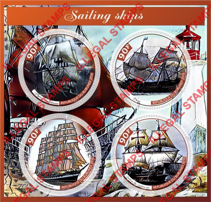 Burundi 2018 Sailing Ships Counterfeit Illegal Stamp Souvenir Sheet of 4 Burundi 2018 Sailing Ships Counterfeit Illegal Stamp Souvenir Sheet of 4