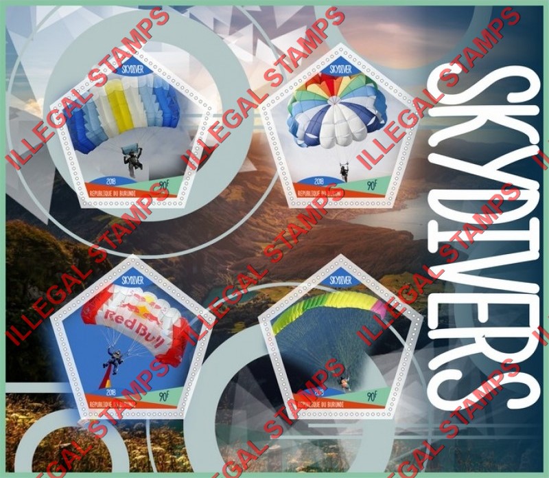 Burundi 2018 Skydivers Parachutes Counterfeit Illegal Stamp Souvenir Sheet of 4 Burundi 2018 Skydivers Parachutes Counterfeit Illegal Stamp Souvenir Sheet of 4
