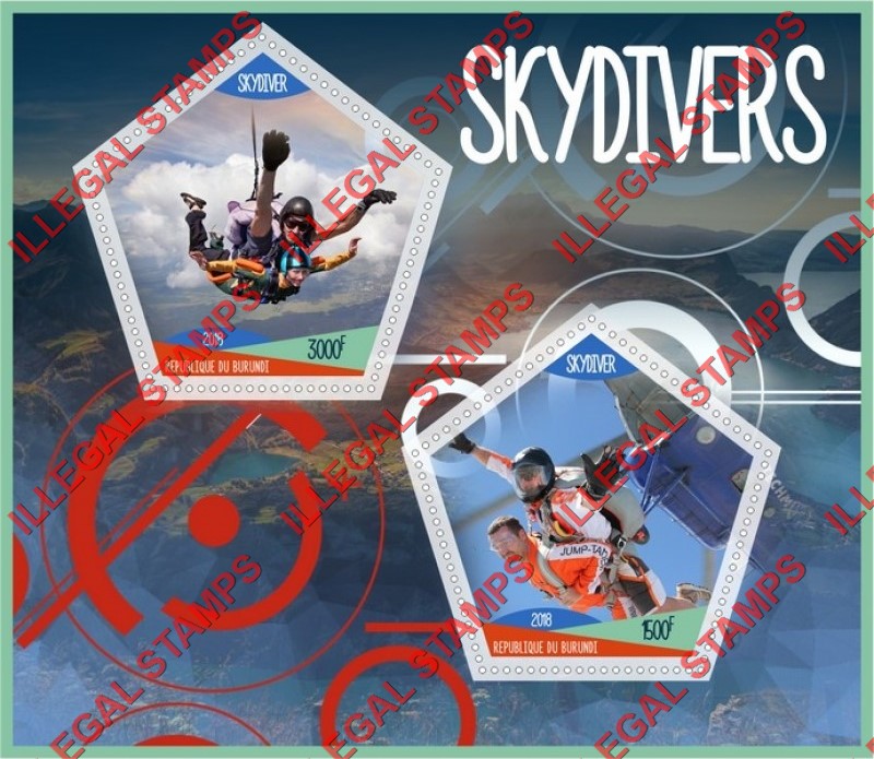 Burundi 2018 Skydivers Parachutes Counterfeit Illegal Stamp Souvenir Sheet of 2 Burundi 2018 Skydivers Parachutes Counterfeit Illegal Stamp Souvenir Sheet of 2