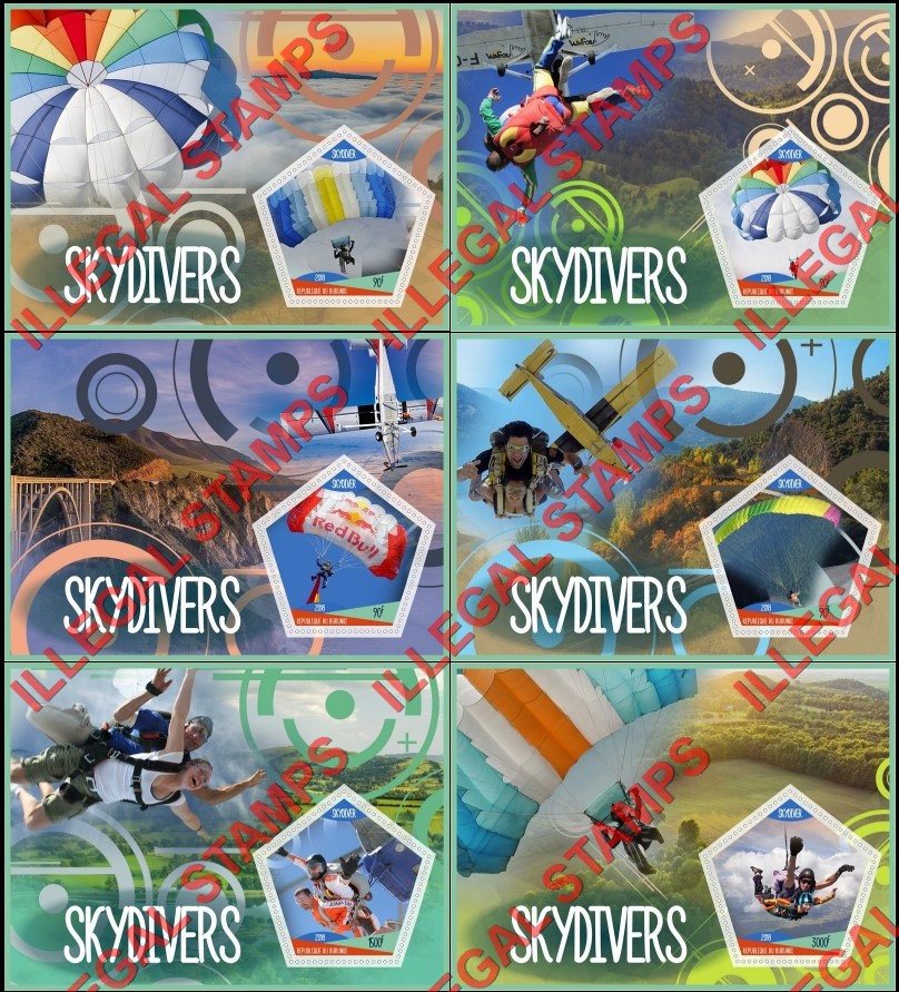 Burundi 2018 Skydivers Parachutes Counterfeit Illegal Stamp Souvenir Sheets of 1 Burundi 2018 Skydivers Parachutes Counterfeit Illegal Stamp Souvenir Sheets of 1