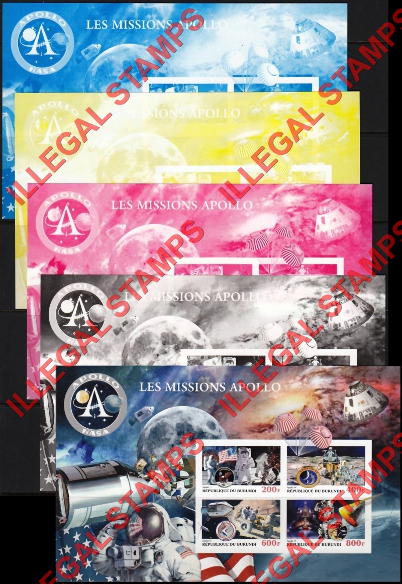 Burundi 2018 Space Apollo Missions Counterfeit Illegal Stamp Souvenir Sheet of 4 Bogus Color Proof Set Burundi 2018 Space Apollo Missions Counterfeit Illegal Stamp Souvenir Sheet of 4 Bogus Color Proof Set