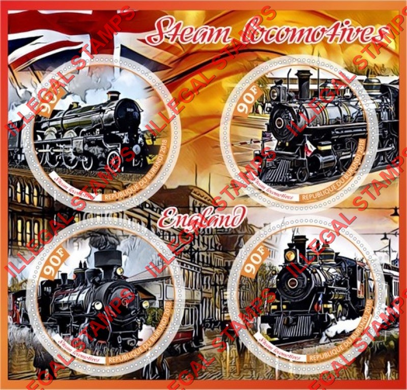 Burundi 2018 Steam Locomotives Counterfeit Illegal Stamp Souvenir Sheet of 4 Burundi 2018 Steam Locomotives Counterfeit Illegal Stamp Souvenir Sheet of 4