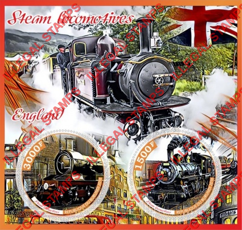 Burundi 2018 Steam Locomotives Counterfeit Illegal Stamp Souvenir Sheet of 2 Burundi 2018 Steam Locomotives Counterfeit Illegal Stamp Souvenir Sheet of 2