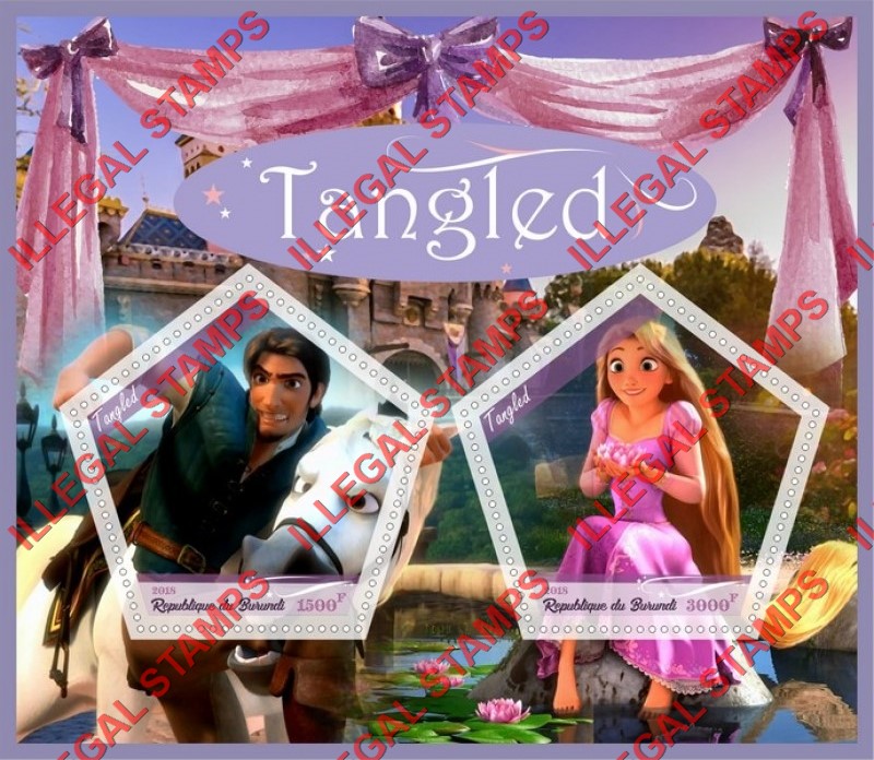 Burundi 2018 Tangled Disney Cartoon Movie Counterfeit Illegal Stamp Souvenir Sheet of 2 Burundi 2018 Tangled Disney Cartoon Movie Counterfeit Illegal Stamp Souvenir Sheet of 2