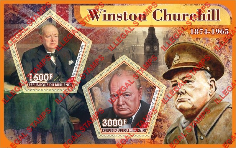 Burundi 2018 Winston Churchill Counterfeit Illegal Stamp Souvenir Sheet of 2 Burundi 2018 Winston Churchill Counterfeit Illegal Stamp Souvenir Sheet of 2