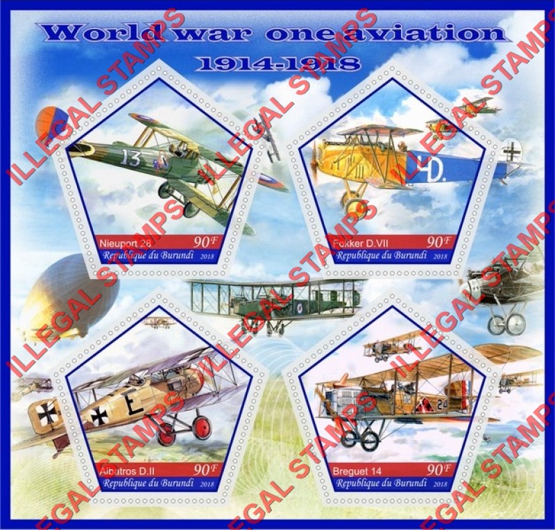 Burundi 2018 World War I Aviation (different) Counterfeit Illegal Stamp Souvenir Sheet of 4 Burundi 2018 World War I Aviation (different) Counterfeit Illegal Stamp Souvenir Sheet of 4