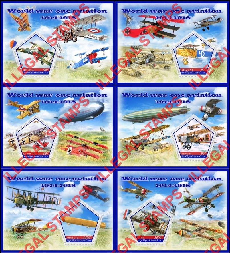 Burundi 2018 World War I Aviation (different) Counterfeit Illegal Stamp Souvenir Sheets of 1 Burundi 2018 World War I Aviation (different) Counterfeit Illegal Stamp Souvenir Sheets of 1