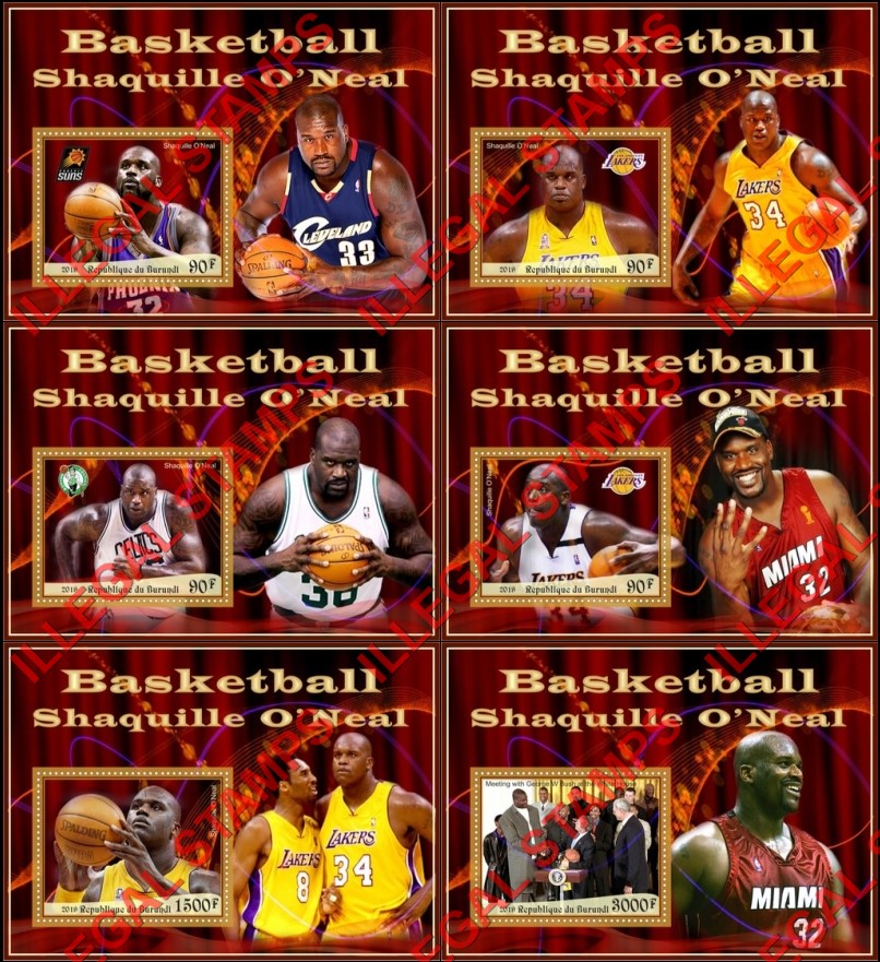 Burundi 2019 Basketball Shaquille O'Neal Counterfeit Illegal Stamp Souvenir Sheets of 1 Burundi 2019 Basketball Shaquille O'Neal Counterfeit Illegal Stamp Souvenir Sheets of 1