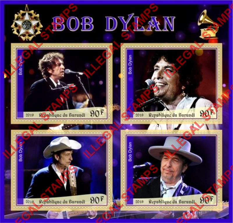 Burundi 2019 Bob Dylan Counterfeit Illegal Stamp Souvenir Sheet of 4 Burundi 2019 Bob Dylan Counterfeit Illegal Stamp Souvenir Sheet of 4
