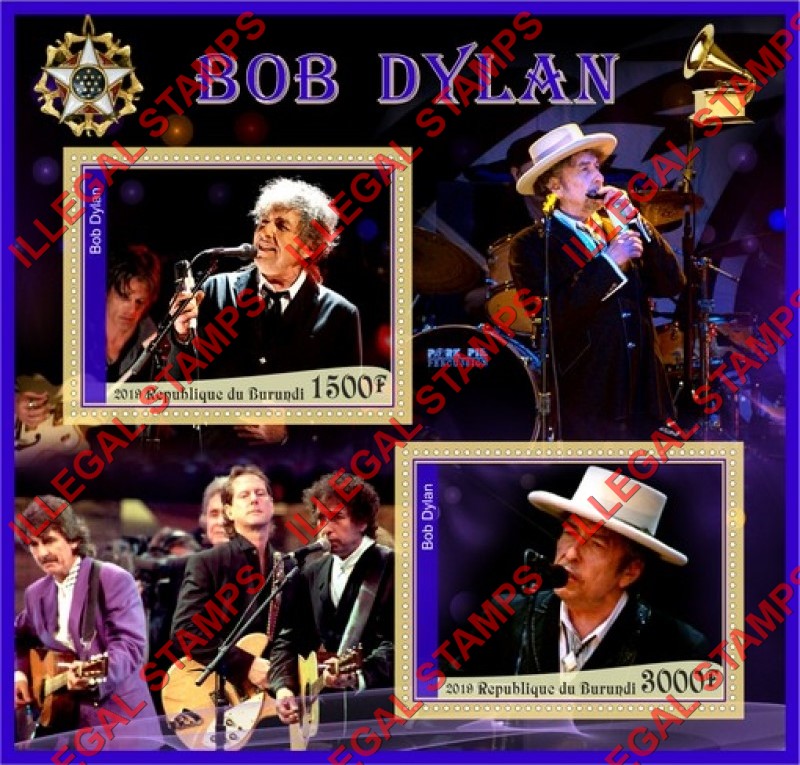 Burundi 2019 Bob Dylan Counterfeit Illegal Stamp Souvenir Sheet of 2 Burundi 2019 Bob Dylan Counterfeit Illegal Stamp Souvenir Sheet of 2