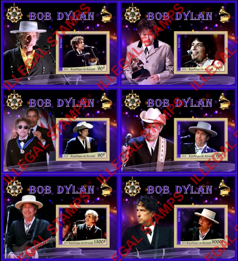 Burundi 2019 Bob Dylan Counterfeit Illegal Stamp Souvenir Sheets of 1 Burundi 2019 Bob Dylan Counterfeit Illegal Stamp Souvenir Sheets of 1