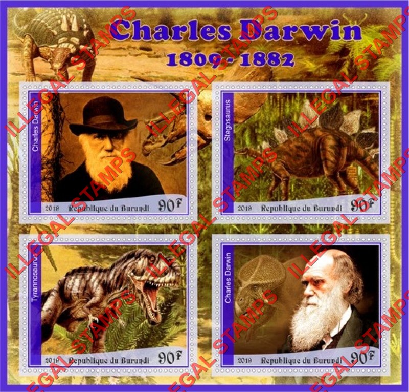 Burundi 2019 Charles Darwin and Dinosaurs Counterfeit Illegal Stamp Souvenir Sheet of 4 Burundi 2019 Charles Darwin and Dinosaurs Counterfeit Illegal Stamp Souvenir Sheet of 4