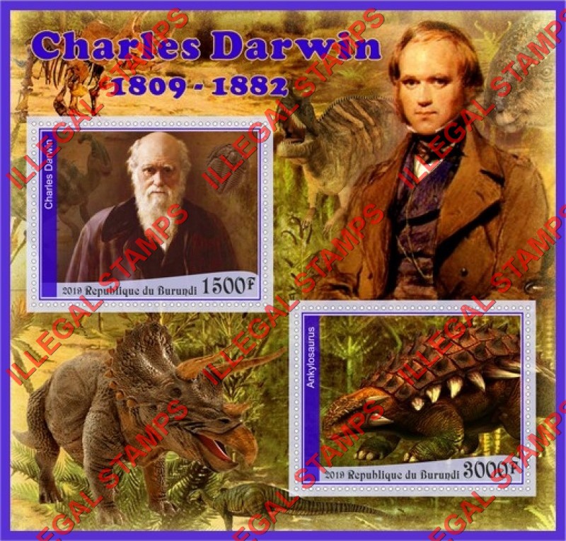 Burundi 2019 Charles Darwin and Dinosaurs Counterfeit Illegal Stamp Souvenir Sheet of 2 Burundi 2019 Charles Darwin and Dinosaurs Counterfeit Illegal Stamp Souvenir Sheet of 2