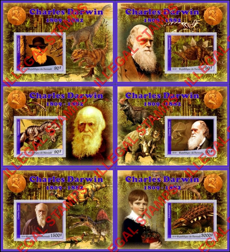 Burundi 2019 Charles Darwin and Dinosaurs Counterfeit Illegal Stamp Souvenir Sheets of 1 Burundi 2019 Charles Darwin and Dinosaurs Counterfeit Illegal Stamp Souvenir Sheets of 1