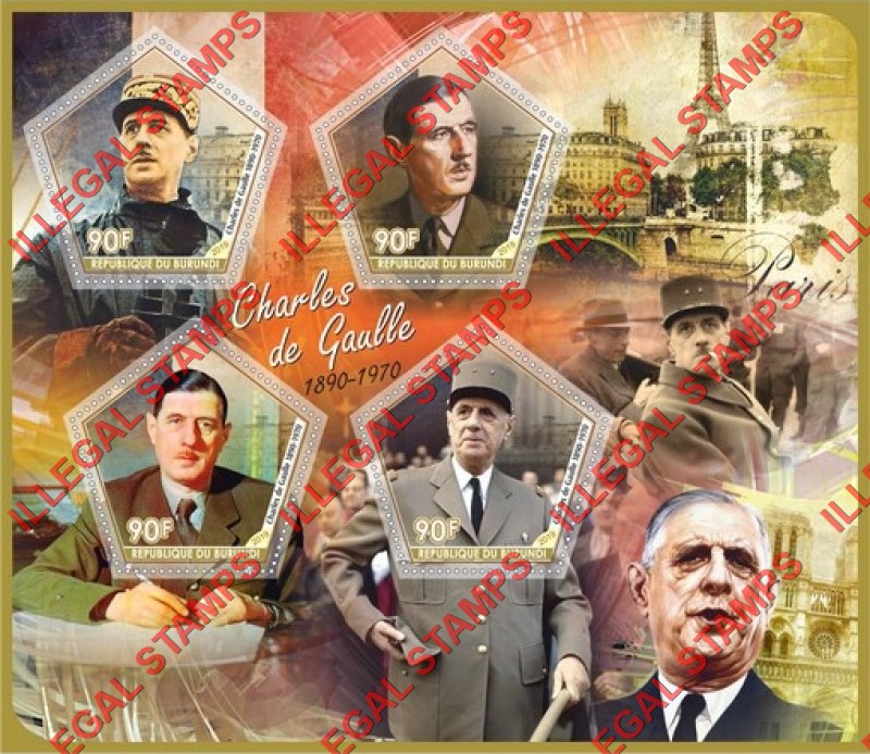 Burundi 2019 Charles de Gaulle Counterfeit Illegal Stamp Souvenir Sheet of 4 Burundi 2019 Charles de Gaulle Counterfeit Illegal Stamp Souvenir Sheet of 4