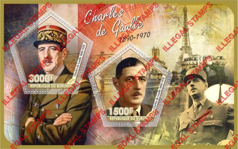 Burundi 2019 Charles de Gaulle Counterfeit Illegal Stamp Souvenir Sheet of 2 Burundi 2019 Charles de Gaulle Counterfeit Illegal Stamp Souvenir Sheet of 2