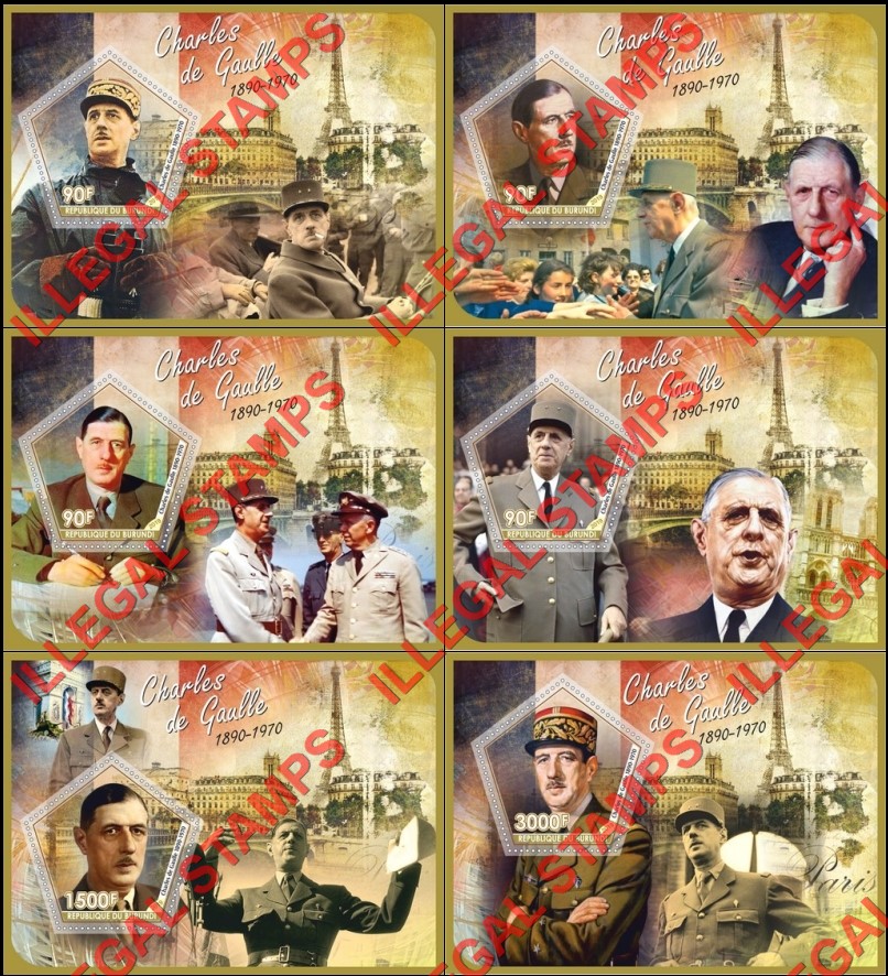 Burundi 2019 Charles de Gaulle Counterfeit Illegal Stamp Souvenir Sheets of 1 Burundi 2019 Charles de Gaulle Counterfeit Illegal Stamp Souvenir Sheets of 1