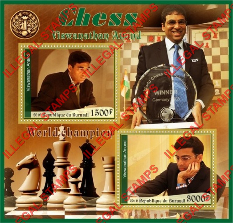 Burundi 2019 Chess Players Viswanathan Anand Counterfeit Illegal Stamp Souvenir Sheet of 2 Burundi 2019 Chess Players Viswanathan Anand Counterfeit Illegal Stamp Souvenir Sheet of 2
