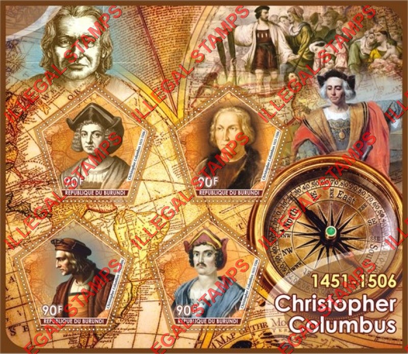 Burundi 2019 Christopher Columbus Counterfeit Illegal Stamp Souvenir Sheet of 4 Burundi 2019 Christopher Columbus Counterfeit Illegal Stamp Souvenir Sheet of 4