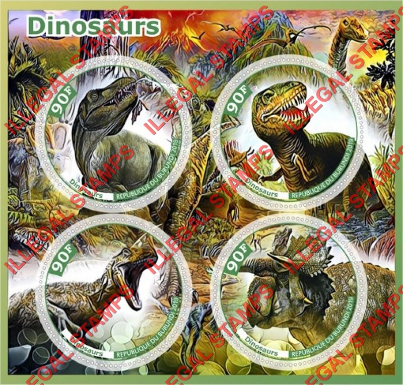 Burundi 2019 Dinosaurs (different) Counterfeit Illegal Stamp Souvenir Sheet of 4 Burundi 2019 Dinosaurs (different) Counterfeit Illegal Stamp Souvenir Sheet of 4