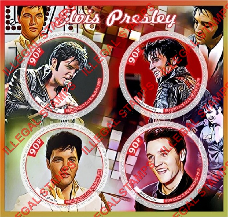 Burundi 2019 Elvis Presley Counterfeit Illegal Stamp Souvenir Sheet of 4 Burundi 2019 Elvis Presley Counterfeit Illegal Stamp Souvenir Sheet of 4