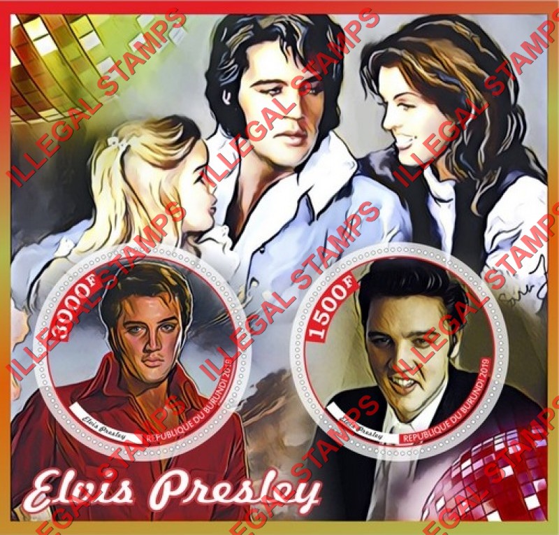 Burundi 2019 Elvis Presley Counterfeit Illegal Stamp Souvenir Sheet of 2 Burundi 2019 Elvis Presley Counterfeit Illegal Stamp Souvenir Sheet of 2
